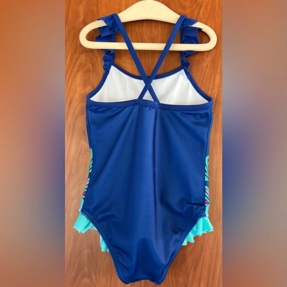 GYMBOREE - Girls One piece swimsuit blue peacock print (Size 5T)